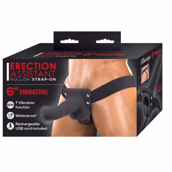 Strap On Dildos & Harnesses | Erection Assistant Hollow Vibrating StrapOn 6 inch Black